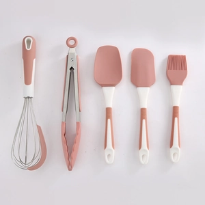 5-piece pink silicone kitchen utensil set including whisk, food tongs, spatulas, and oil brush