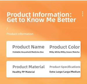 Detailed specifications chart for the foldable home medicine box in various sizes and colors