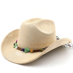 Detail view of beige felt cowboy hat with colorful gemstone turquoise decorative band