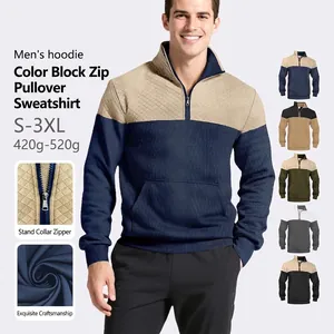 Men Color Block Sweatshirt Quarter Zipper Stand Collar Quilted Diamond Pattern Polyester Knit Pullover Casual Streetwear