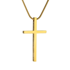 Collier avec pendentif croix en acier inoxydable doré, chaîne serpent et gravure