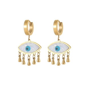 Golden Evil Eye hoop earrings with mother of pearl inlay and delicate hanging tassels
