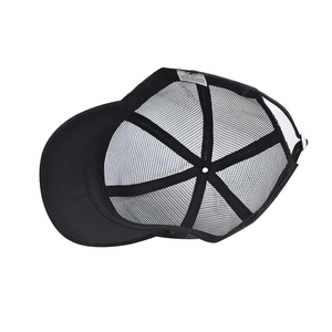 Internal view of a breathable trucker hat showing mesh panels and cotton lining
