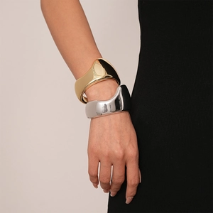 Minimalist irregular geometric metal cuff bracelets in polished gold and silver finish