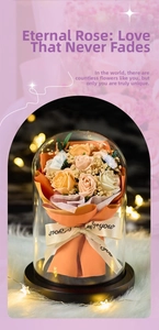 Detail of preserved roses in glass dome with warm LED bokeh lights on plush carpet