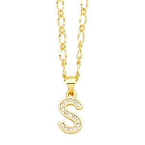 Detailed macro view of gold-plated S-letter pendant with micro-pave cubic zirconia stones