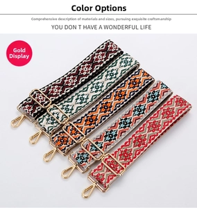 Detail of adjustable ethnic canvas straps with various geometric patterns and gold buckles