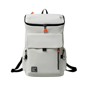 Detail of off-white backpack with vibrant orange zippers and durable Spunk brand patch
