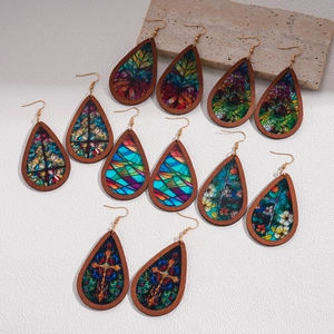 Bohemian retro wooden drop earrings with vintage stained glass patterns in six pairs set