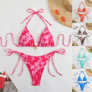 Hibiscus Floral Halter Triangle Bikini Top And Side Tie Bottoms With Metal Flower Charm Polyester Spandex Women Swimsuit