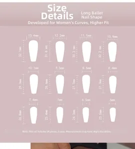 Size chart showing 24 pieces of long coffin press-on nails in 12 different dimensions