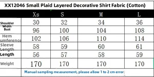 Detailed size chart for the women's plaid layered poplin shirt in sizes XS to L