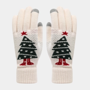 Cremefarbene Strickhandschuhe mit Weihnachtsbaum-Motiv und Touchscreen-Funktion