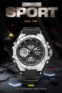 Macro shot of silver metal dual-display sport watch with 50M water resistance