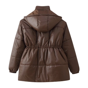Rear view of brown hooded puffer jacket featuring drawstring waist and matte faux leather
