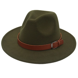 Detail of army green wool felt fedora featuring a brown leather band and silver buckle