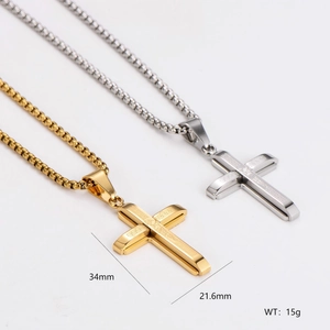 Double layered stainless steel cross necklace with Greek key pattern in gold and silver
