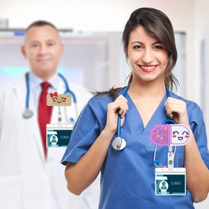 Nurse badge reel set with felt embroidered band-aid and pill icons for medical ID cards