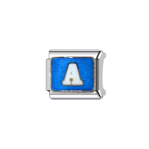 Maillon de charme italien avec lettre A blanche sur fond bleu brillant en acier inoxydable