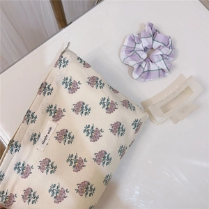 Vintage floral cotton cosmetic bag with matching plaid hair scrunchie and claw clip