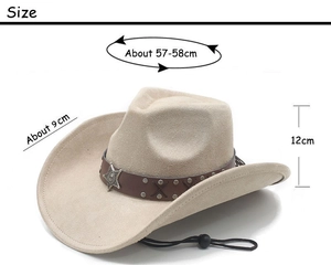 Detailed size specifications for beige suede cowboy hat with 9cm brim and star badge