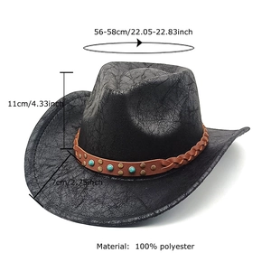 Cappello da cowboy vintage con trama screpolata, cinturino in pelle e perline turchesi