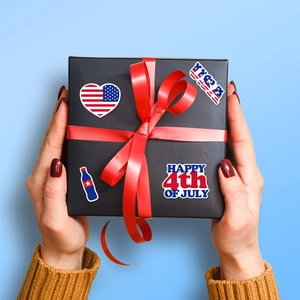 USA 250th Independence Day stickers on a gift box for July 4th party decorations