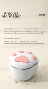 Macro view showing 34x34x27cm dimensions and cat-paw design of the pet food container
