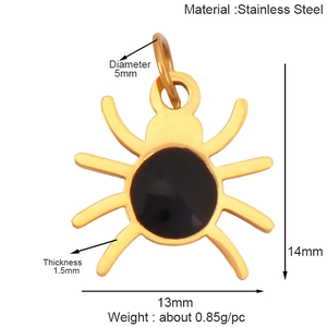 Detail of golden stainless steel spider charm with size and weight measurements