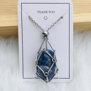 Handmade necklace with blue natural stone in silver metal mesh pouch on fine chain