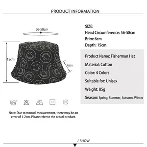 Smiley face embroidered cotton bucket hat with size chart for sun protection