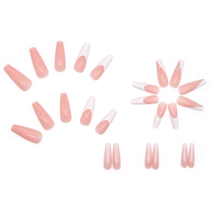 Long ballerina press-on nails set with glitter, pink gloss and classic white french tips