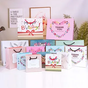 Paper Gift Bags With Handles Cardstock Packaging Handbags For Birthday Wedding Party Floral Heart Patterns