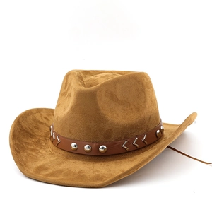 Classic camel faux suede cowboy hat with metallic studded leather band for men and women