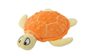 Macro detail of plush sea turtle dog toy with orange shell and embroidery features