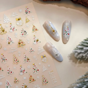 Adesivi Unghie Natale 5D Rilievo Bianco Oro Fiocchi Neve Albero Manicure DIY Decorazione Festiva