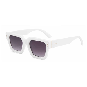Classic white square thick frame sunglasses with dark grey gradient lenses on white backdrop