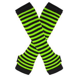 Striped black and lime green knit arm warmers with fingerless design on white background