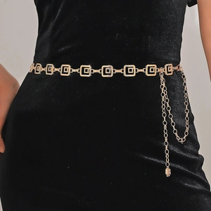 Women Metal Alloy Chain Belt Geometric Hollow Square Links Adjustable Body Jewelry Dress Accessories