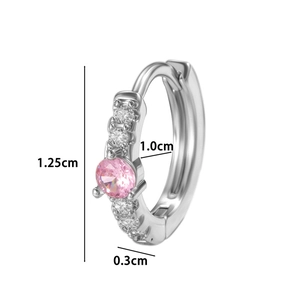 Silver-toned hoop earring with pink zircon gemstones and size dimensions 1.0cm by 1.25cm