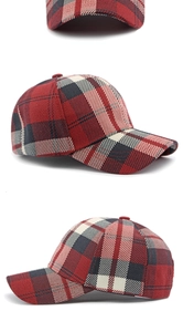 Detailed views of a red and black plaid baseball cap showing the classic check pattern