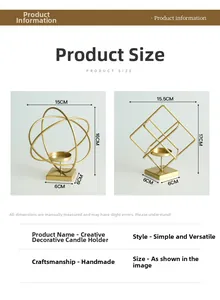 Detailed view of handmade gold geometric candle holders with precise size specifications