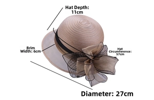 Detailed dimensions of beige organza flower bucket hat with bow and measurement labels