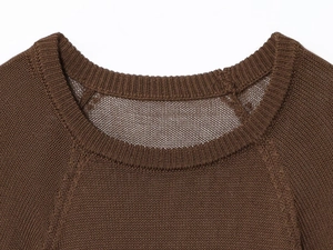 Detailed close-up of dark brown knit pullover crewneck with fine textured stitching