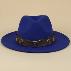 Dark blue wide brim wool fedora with brown leather band and silver bull head ornament
