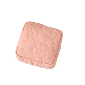 Pink quilted floral sanitary napkin storage pouch with soft texture and silver zipper