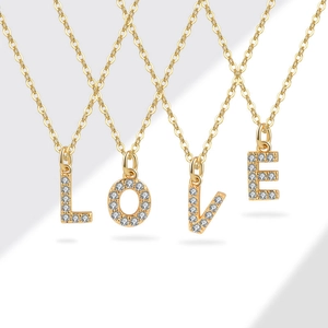Golden 26 letters pendant necklaces spelling LOVE with micro-set zircon stones