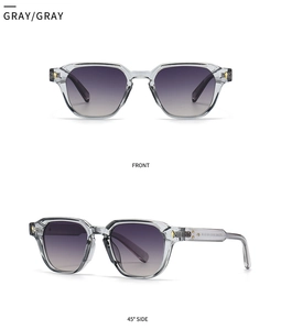 Gray sunglasses detail showing front and side view with silver hinges and gray lenses