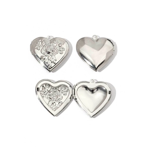 Polished silver heart locket pendant with rose engraving for DIY photo necklace