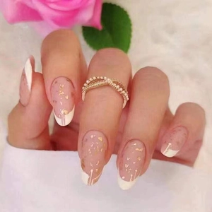 French Almond Press On Nails Elegant White Tips Gold Foil Decor Sweetheart Style Artificial Manicure For Women